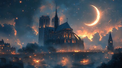 Naklejka premium Notre Dame Cathedral in anime style, glowing under the light of a crescent moon, with a soft mist and scattered glowing fireflies adding to the mysterious charm of the Gothic masterpiece. --ar 16:9
