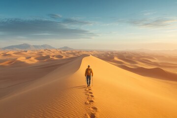 Obraz premium Desert trek at sunrise offers stunning views of shifting sand dunes and tranquil solitude