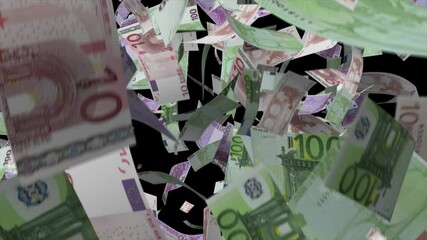 Overlay of hundreds of euro banknotes falling from above, black background - Powered by Adobe