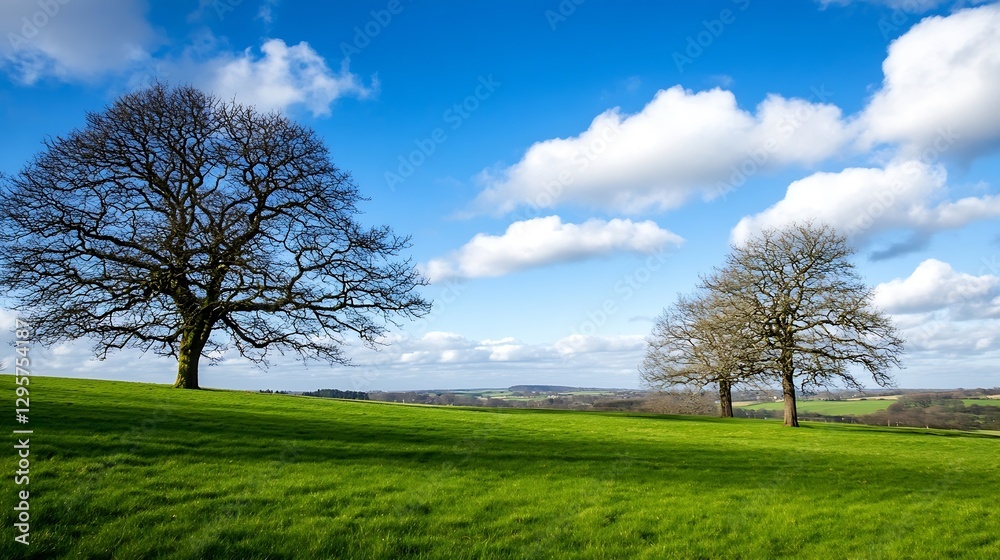 Poster scenic green field under a bright sky with trees and beautiful cloudy weather : generative ai