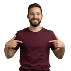 Fototapeta premium Maroon shirt mockup on transparent PNG, the man is pointing towards the center of shirt to reinforce the branding or message