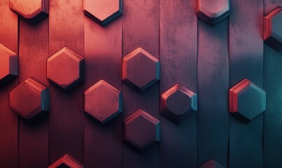 3D hexagons abstract background, red and blue neon light, futuristic design