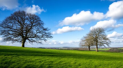 Obraz premium Scenic Green Field under a Bright Sky with Trees and Beautiful Cloudy Weather : Generative AI