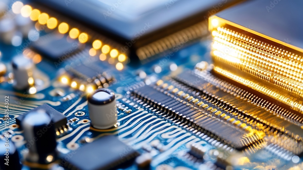 Poster Detailed View of Advanced Circuitry with Microchip and Electrical Components : Generative AI
