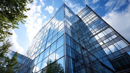 Obraz premium Stunning modern glass building showcasing reflective architecture against blue sky : Generative AI