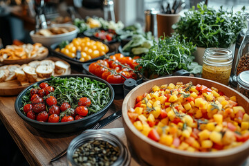 Detail-oriented close-up of healthy dishes during a nutrition consultation in a café.