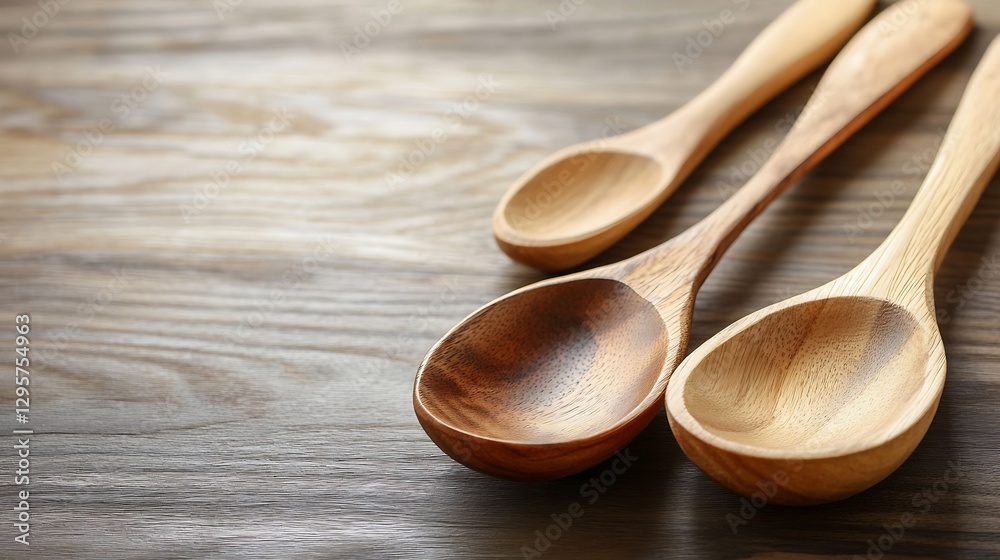 Poster beautiful wooden spoons on textured rustic table with warm lighting : generative ai