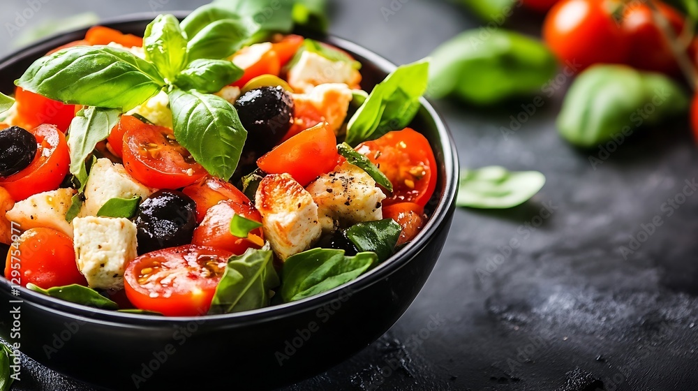 Poster fresh and colorful salad with cherry tomatoes basil and olives ready to eat : generative ai
