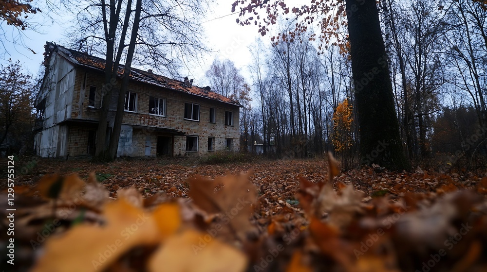 Poster abandoned stone building surrounded by autumn leaves in a serene forest scene : generative ai