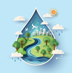 Clean water and environment inside paper cut drop with sun and cloud