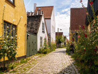 Narrow street Strandstraede with historic houses in Dragor Old Town, Amager Island, Capital Region, Denmark