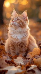 Golden Gaze: A majestic ginger cat sits amidst a bed of autumn leaves. Its amber eyes reflect curiosity under a warm, inviting backdrop, capturing the essence of autumn.