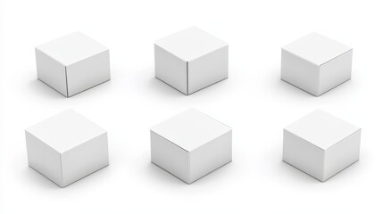 Fototapeta premium White box mockup. Blank packaging boxes, cube perspective view and cosmetics product package mockups. Cardboard or plastic box or medicine package. Realistic 3d illustration isolated icons set