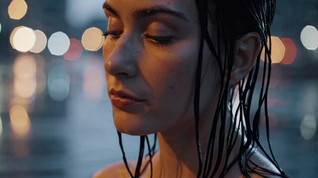 A woman gazes introspectively while rain drips from her hair, surrounded by a vibrant urban environment. Soft bokeh lights create a dreamy atmosphere during the evening.