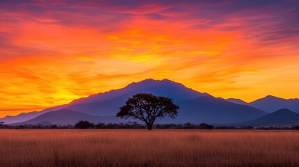 A stunning sunset over mountains with a solitary tree silhouetted against vibrant orange and purple skies.