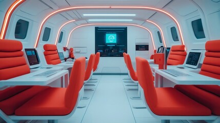 Obraz premium Futuristic interior workstation space, modern design, interactive displays