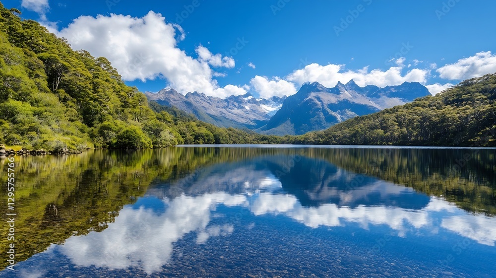 Aufkleber breathtaking reflection of mountains and sky in serene lake at daytime : generative ai
