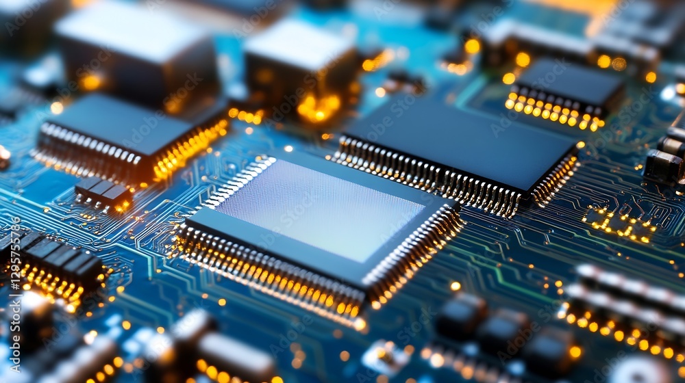 Aufkleber Detailed View of Circuit Board Components with Microchips and Connections : Generative AI