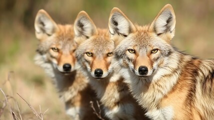 Fototapeta premium Three curious coyotes standing together in a natural setting looking towards the camera : Generative AI