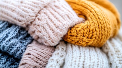 Closeup of colorful rolled knitted fabrics showcasing winter fashion textures : Generative AI
