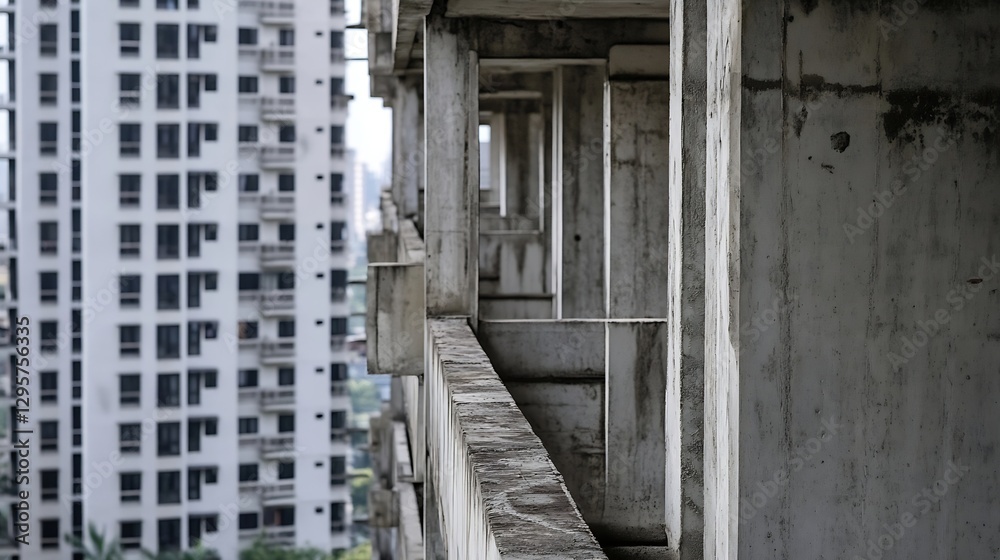 Poster perspective view of concrete pillars in a high-rise building under construction : generative ai