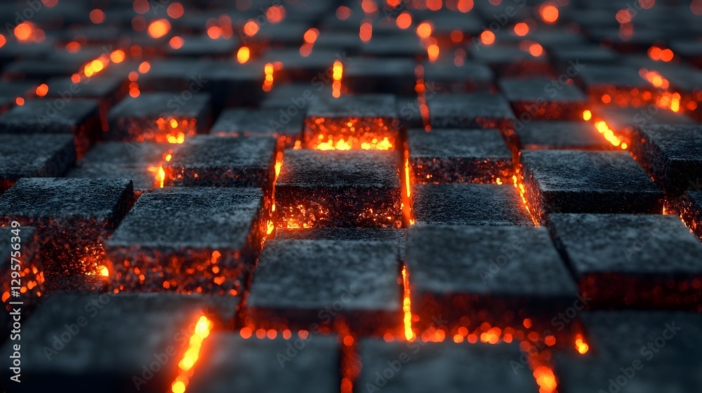 Poster a close up view of a mesmerizing geometric arrangement of glowing charcoal embers emitting a warm or