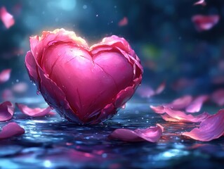 Romantic heart made of pink rose petals on the ground, fantasy floral symbol of love, dreamy atmosphere, generative AI