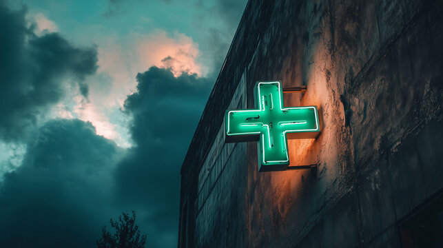 Glowing Pharmacy Cross Neon Sign on Weathered Building Wall at Dusk - Powered by Adobe