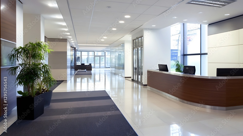 Poster modern bright reception area in a stylish corporate office setting : generative ai