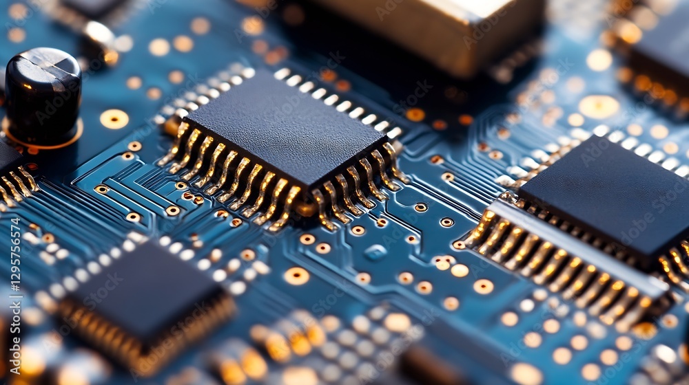 Aufkleber Close Up of High Technology Circuit Board with Microchips and Soldered Connections : Generative AI