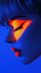 Neon lights illuminate face in vibrant blue orange glow