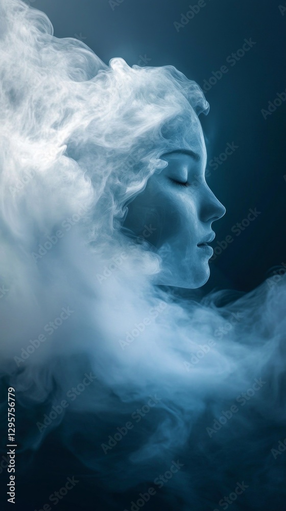 Poster a captivating figure exudes peacefulness, her features softly outlined by swirling mist. the interpl