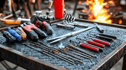 Fototapeta premium Detailed Shot of Welding Electrodes Wrenches and Other Tools Laid Out on a Metal Workbench with Glowing Embers and Sparks Nearby