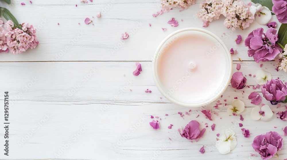 Poster aromatic pink candle surrounded by colorful flowers creating a calming and tranquil ambiance : gener