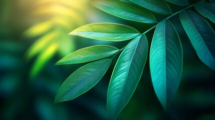 Obraz premium Bright green leaves growing on branch in sunlight