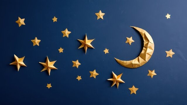  A whimsical night sky adorned with golden stars and a crescent moon
