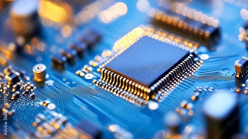 Aufkleber Close Up of Microprocessor on Circuit Board with Bright LED Lights : Generative AI