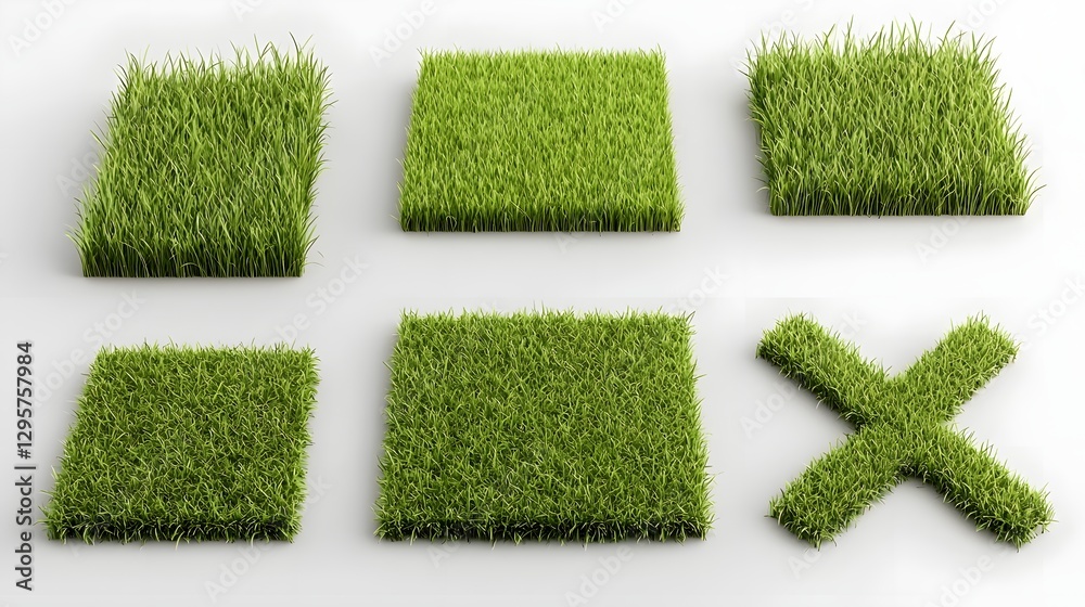 Poster a creative and minimalist concept featuring various geometric shapes and patterns cut out of grass o
