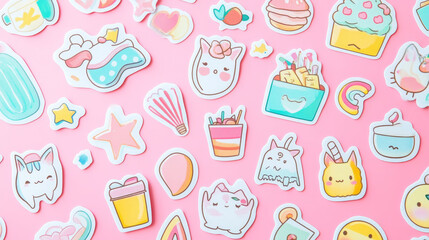 Diary stickers. Words, characters and quotes for planner journal. Trendy notebook decor with girls, food and cats. Daily reminder vector set as coffee cup, love letter, rainbow and light bulb