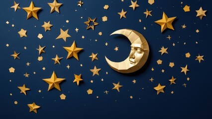 Fototapeta premium a whimsical night sky adorned with golden stars and a crescent moon
