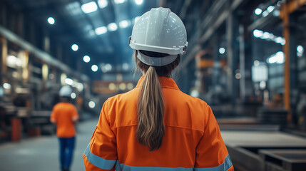 Female Industrial Worker in Orange Safety Suit and Hard Hat Walking Through Factory