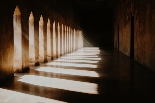 Mysterious light shadows in ancient corridor