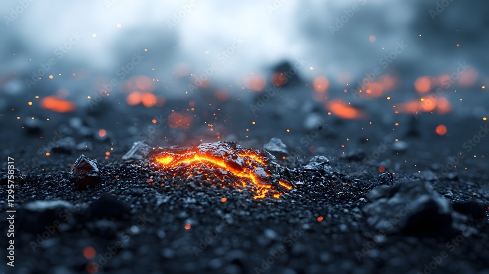 Poster a creative and macro photography showcasing the individual glowing embers that resemble molten lava 
