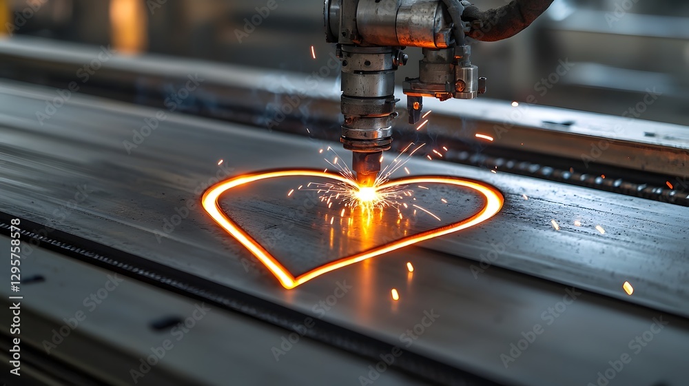 Poster a creative concept showcasing a heart shape being welded into a steel surface with glowing and spark