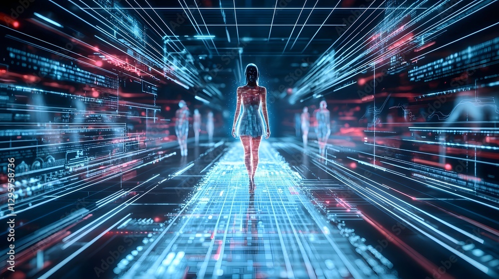Aufkleber a creative interpretation of a futuristic digital fashion runway showcasing holographic projections 