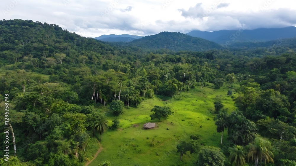 Poster aerial view of lush green tropical rainforest with mountains in background under cloudy sky : genera
