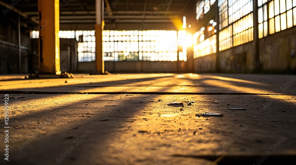 Poster golden hour light streaming through windows in empty industrial warehouse space : generative ai
