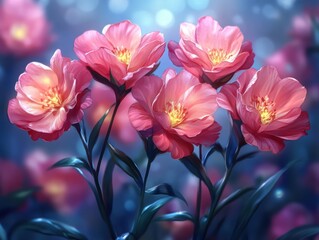Lush pink flowers with delicate petals glowing softly against a dreamy blue background, generative AI.
