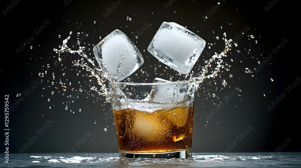 Poster A dramatic high speed photo capturing the moment two ice cubes collide and shatter in a glass of chilled carbonated soda creating a burst of splashing liquid bubbles and crystalline shards