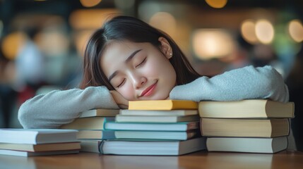 A tired young Asian female university student is resting her head on a stack of books, Generative Ai.